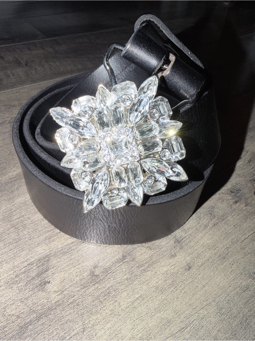 B-Low the Belt Black Leather Belt with Crystal Flower Buckle